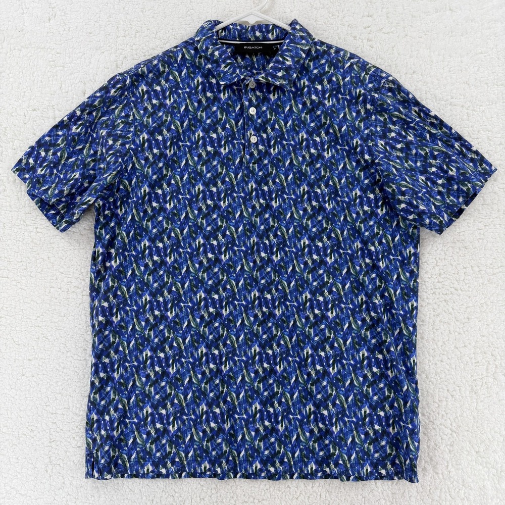 Bugatchi Polo Shirt Mens Large Blue Green Abstract Print Mercerized Cotton L